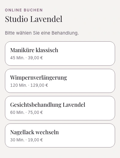 Buchungsseite: Auswahl der Behandlung mit Dauer und Preis